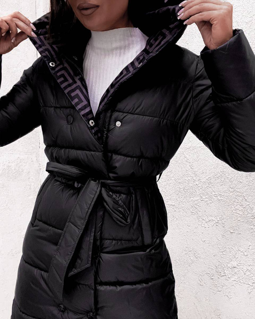 Czarno-fioletowa kurtka zimowa do kolan typu 2w1