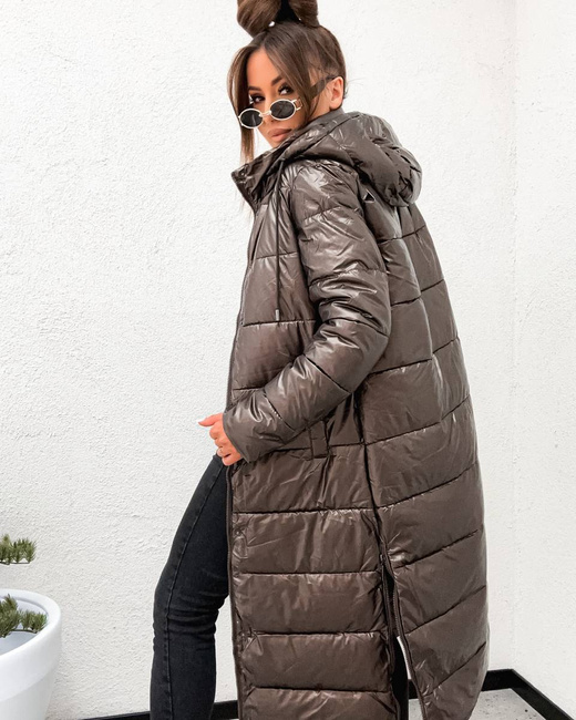 Przejściowa kurtka damska do kolan czekolada