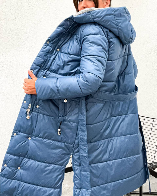 Długa dwustronna kurtka zimowa z kapturem niebieski-szary