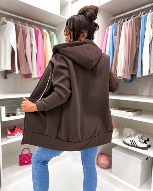 Ciepła bluza damska na suwak basic czekoladowa 