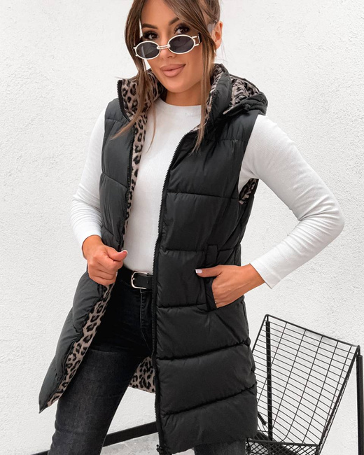 Długa kamizelka typu 2w1 czarny-panterka