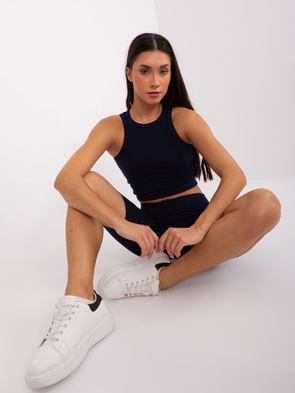 Trzyczęściowy granat-biały komplet sportowy damski – bluza oversize, top i legginsy w prążki