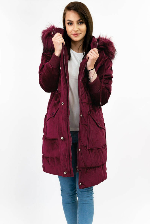 Sztruksowa zimowa kurtka damska z kapturem bordowa (7764)