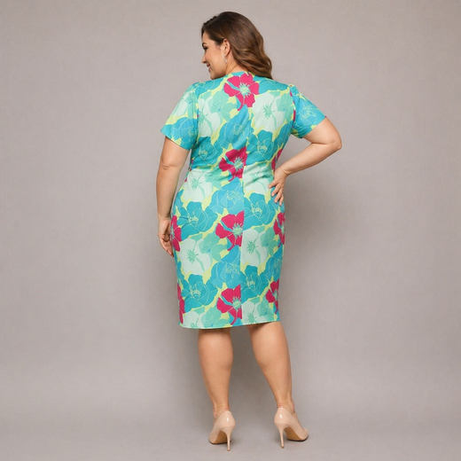 Sukienka plus size z kopertowym dekoltem zielony-fuksja kwiaty