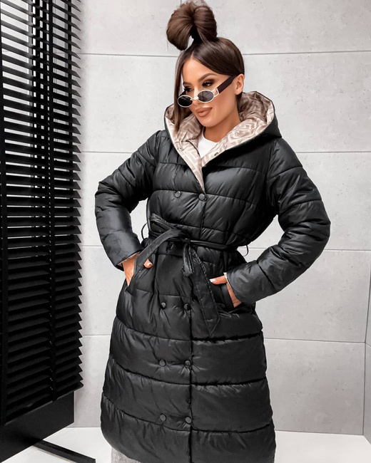 Czarno-beżowa kurtka zimowa do kolan typu 2w1