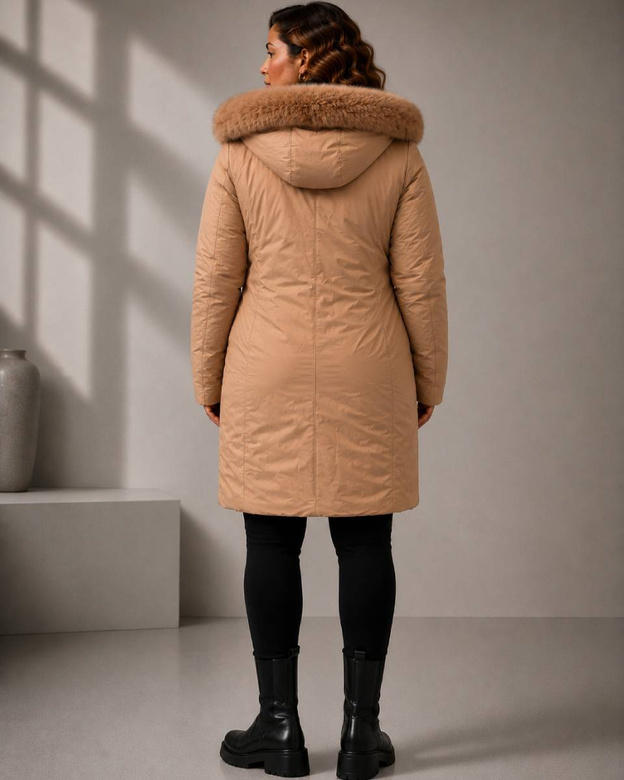 Khaki-beżowa dwustronna kurtka damska z odpinanym kapturem plus size