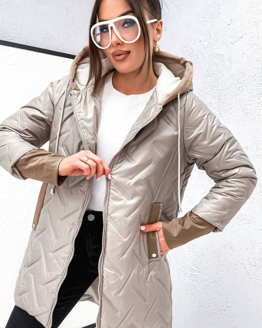 Luźna przejściowa kurtka plus size z kapturem beż