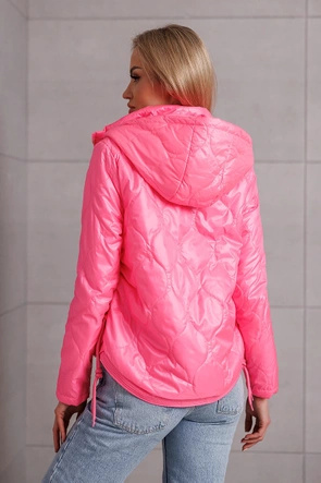 Neonowo różowa pikowana kurtka damska z kapturem