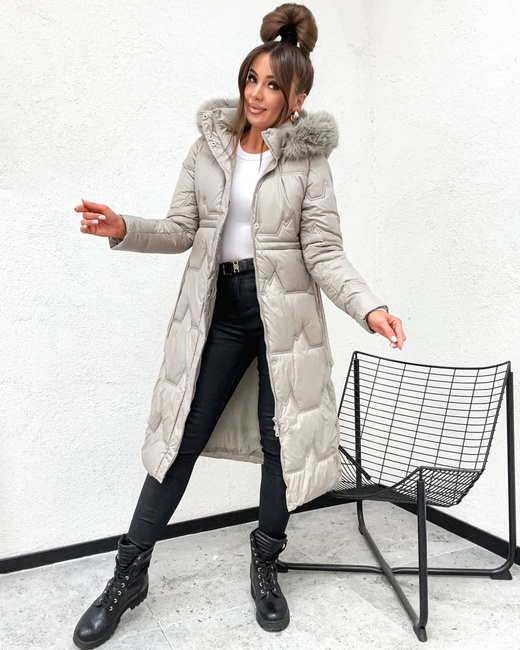 Zimowa damska kurtka beżowa poniżej kolan