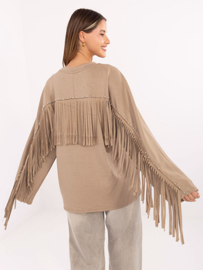 Oversizowa bluza z ćwiekami frędzlami ciemny beż