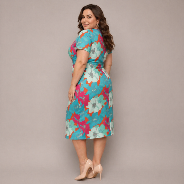 Sukienka plus size z kopertowym dekoltem zielony-pomarańczowy kwiaty