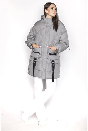 Puchowa kurtka damska z ozdobnymi taśmami szara (AG2-J85)