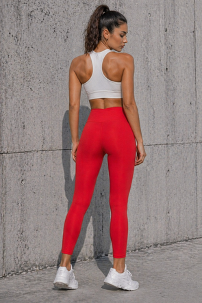 Sportowe legginsy 7/8 z wysokim stanem i kopertowym pasem czerwone