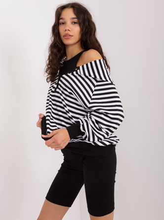 Trzyczęściowy czarno-biały komplet sportowy damski – bluza oversize, top i legginsy w prążki