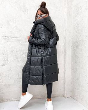 Puchowa czarna kurtka damska z paskiem