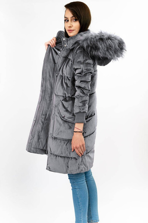 Sztruksowa zimowa kurtka damska z kapturem szara (7764)