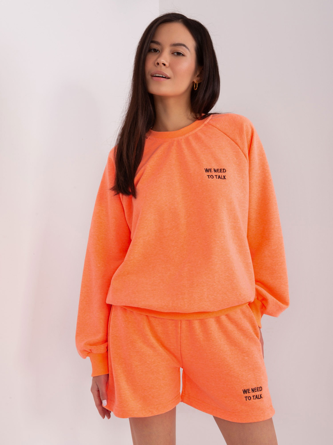 Komplet fluo pomarańcz - luźna bluza i szorty z kieszeniami