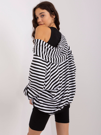 Trzyczęściowy czarno-biały komplet sportowy damski – bluza oversize, top i legginsy w prążki