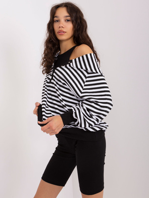 Trzyczęściowy czarno-biały komplet sportowy damski – bluza oversize, top i legginsy w prążki
