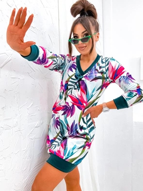 Zielono-różowa sukienka ze ściągaczami welur