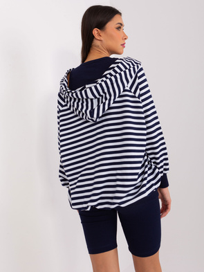 Trzyczęściowy granat-biały komplet sportowy damski – bluza oversize, top i legginsy w prążki