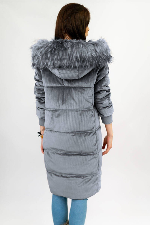 Zimowa sztruksowa kurtka damska z kapturem szara (7763)