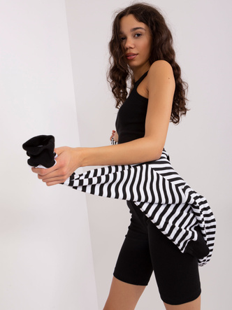 Trzyczęściowy czarno-biały komplet sportowy damski – bluza oversize, top i legginsy w prążki