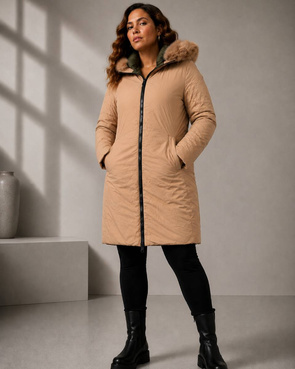Khaki-beżowa dwustronna kurtka damska z odpinanym kapturem plus size