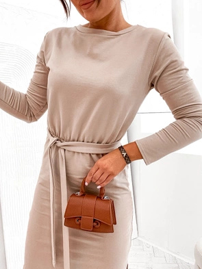 Bawełniana klasyczna sukienka z długim rękawem beżowa