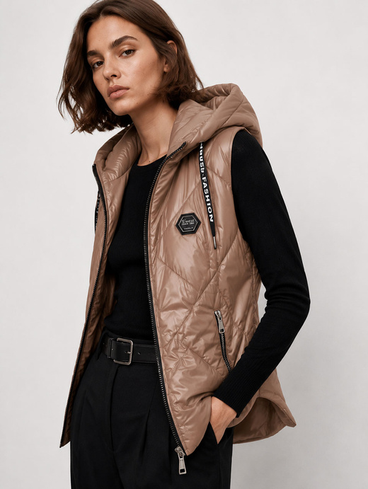 Damska kamizelka z kapturem ciemny beż