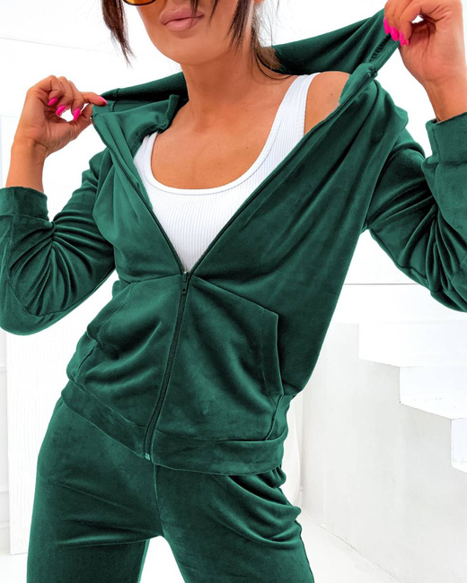 Zestaw bluza + spodnie dresowe welur butelkowy zielony