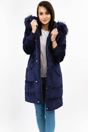 Sztruksowa zimowa kurtka damska z kapturem granatowa (7764)