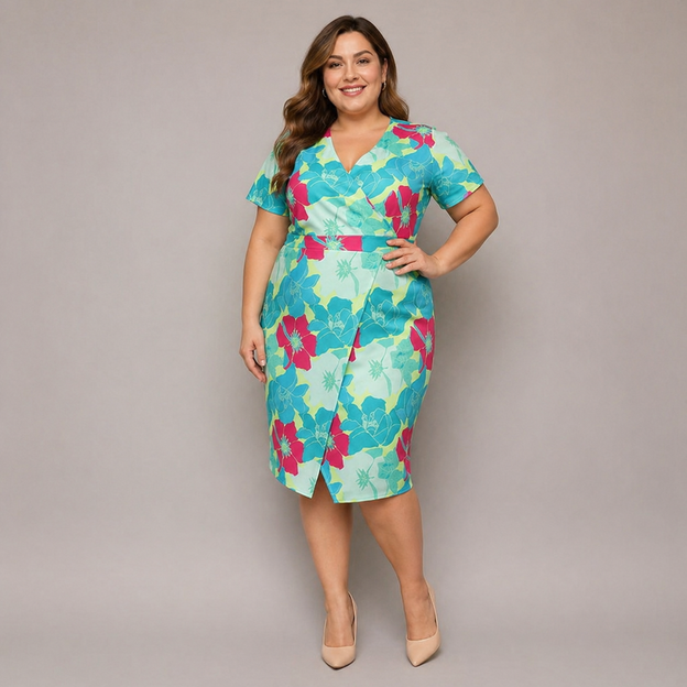 Sukienka plus size z kopertowym dekoltem zielony-fuksja kwiaty