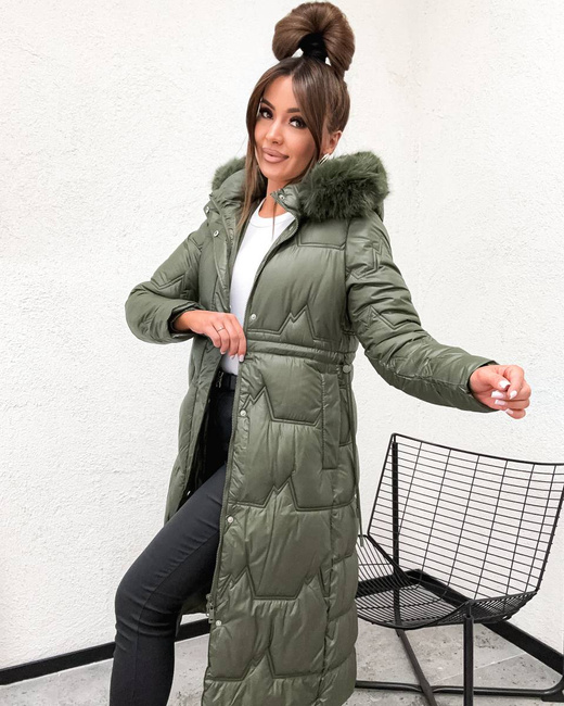 Zimowa damska kurtka khaki poniżej kolan