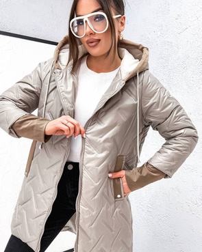 Luźna przejściowa kurtka plus size z kapturem beż