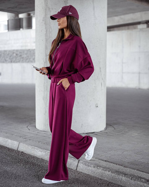 Komfortowy bordowy komplet damski bluza + szerokie spodnie