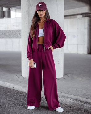 Komfortowy bordowy komplet damski bluza + szerokie spodnie