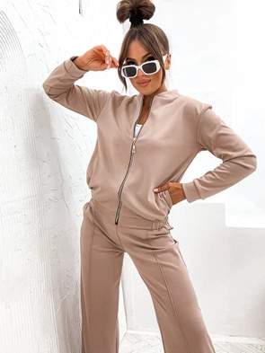 Komfortowy ciemnobeżowy komplet damski bluza + szerokie spodnie