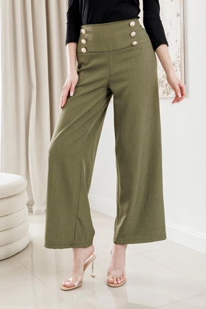 Eleganckie khaki spodnie damskie ze złotymi guzikami