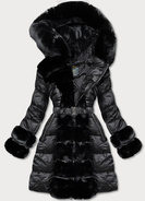 Kurtka zimowa damska z ozdobnym futrem czarna (7729)
