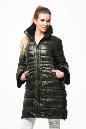 Zimowa kurtka damska z futrzanym kołnierzem khaki