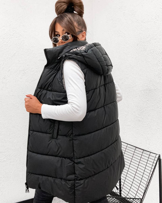 Długa kamizelka typu 2w1 czarny-panterka