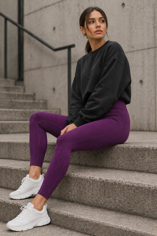 Sportowe fioletowe legginsy damskie 7/8 z wysokim stanem