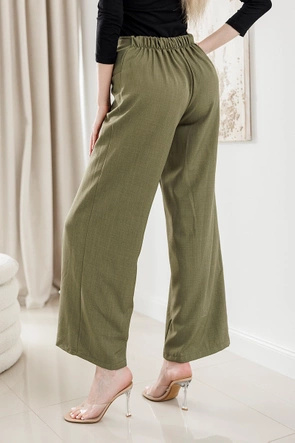 Eleganckie khaki spodnie damskie ze złotymi guzikami