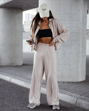 Komfortowy beżowy komplet damski bluza + szerokie spodnie