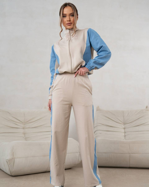 Beżowy stylowy komplet dresowy – bluza na zamek i spodnie z wysokim stanem
