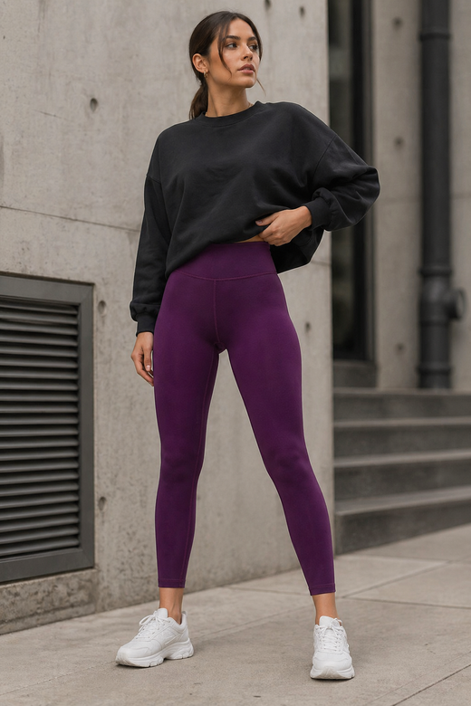 Sportowe fioletowe legginsy damskie 7/8 z wysokim stanem