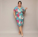 Sukienka plus size z kopertowym dekoltem zielony-pomarańczowy kwiaty