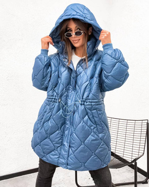 Luźna, pikowana kurtka z nieodpinanym kapturem niebieska