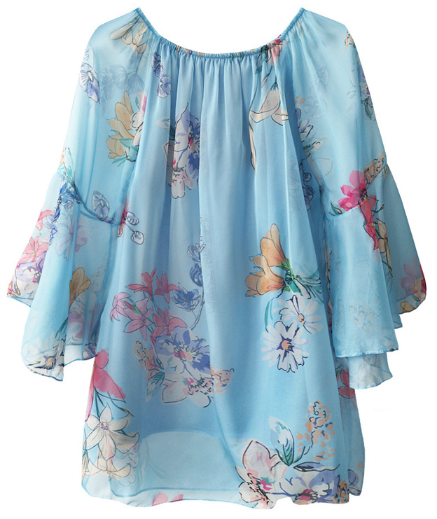 GEBLÜMT CHIFFON KLEID HIMMELBLAU (242ART)